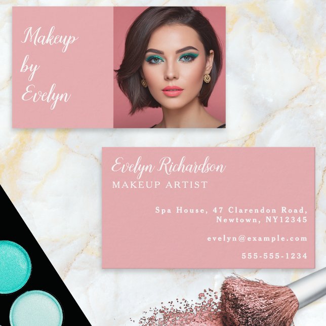 Blush Pink White Script Photo Makeup Business Card (A makeup business card in blush pink with custom photo and text)