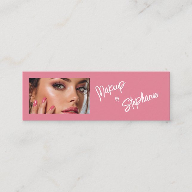 Blush Pink White Script Photo Makeup Mini Business Card (Front)