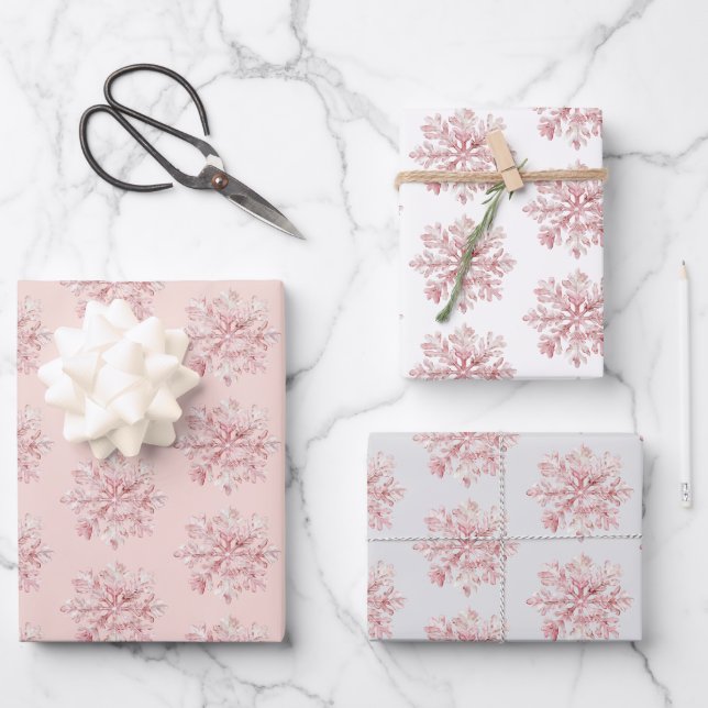 Blush Pink White Snowflakes Christmas Wrapping Paper Sheets (Front)