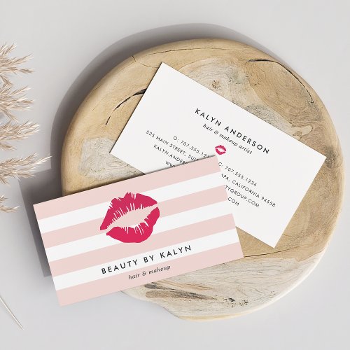 Blush Pink  White Stripe Lip Print Business Card