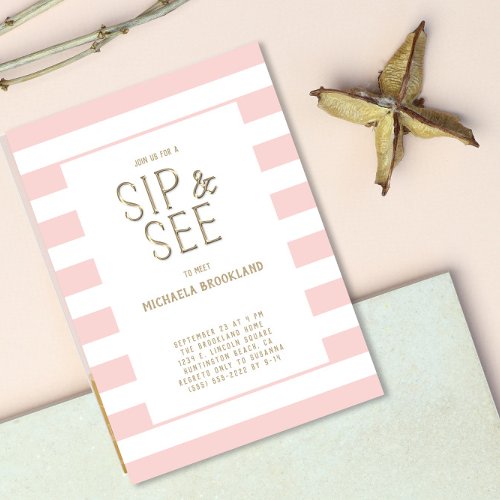 Blush Pink White Striped Baby Girl Sip and See Invitation