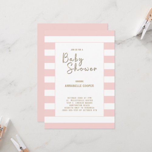 Blush Pink White Striped  Girl Baby Shower  Invitation