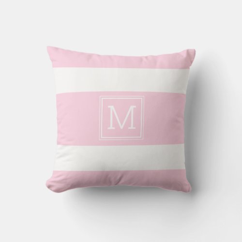 Blush Pink White Stripes Simple Monogram Custom Outdoor Pillow