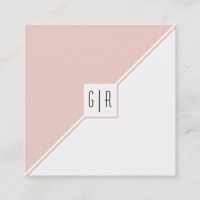 Blush pink, white triangles, monogram geometric square business card (Front)