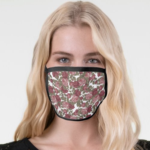 Blush Pink  White Watercolor Floral Pattern Face Mask