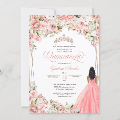 Blush Pink White Watercolor Flowers Quinceaera In Invitation