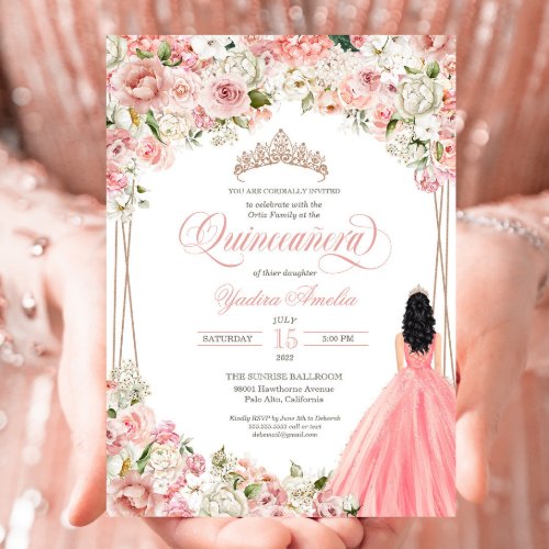 Blush Pink White Watercolor Flowers Quinceaera Invitation