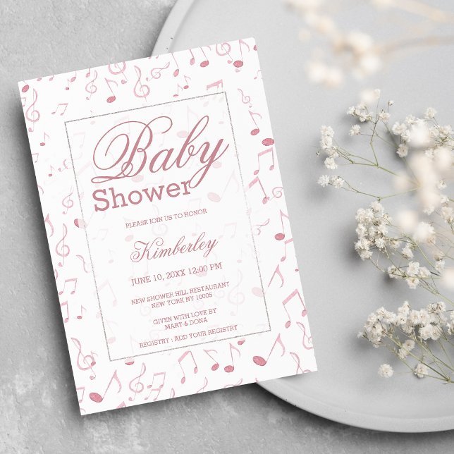 Blush pink white watercolor music note Baby Shower Invitation (Blush pink white watercolor music note Baby Shower Invitation)