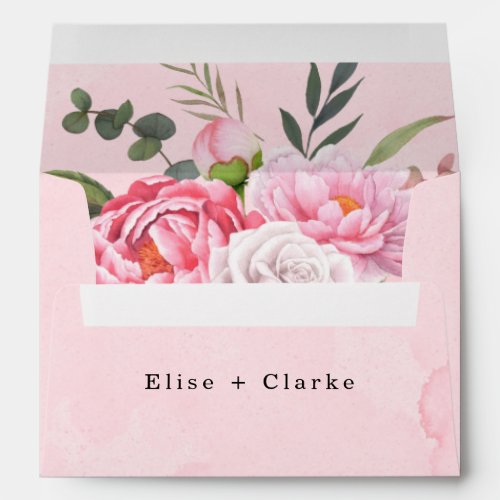 Blush Pink White Watercolor Peony Wedding Envelope