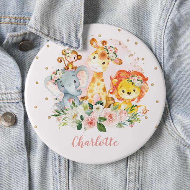 Blush Pink Wild One Jungle Birthday Party Favors Button (In Situ)