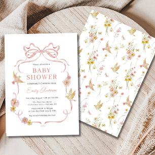 Blush Pink Wildflower Birds Bow Girl Baby Shower Invitation