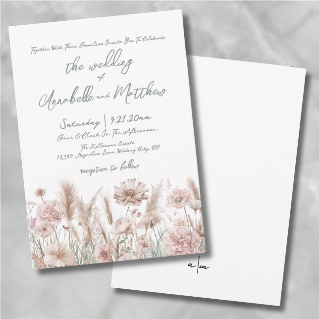 Blush Pink Wildflower Boho Wedding Invitation (Blush Pink Botanical Wildflowers Boho Wedding Invitation)