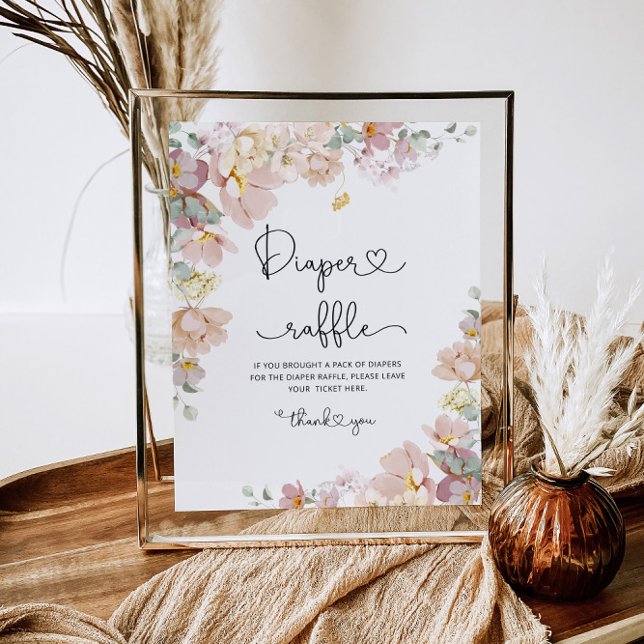 Blush pink wildflower diaper raffle baby shower poster (Creator Uploaded)