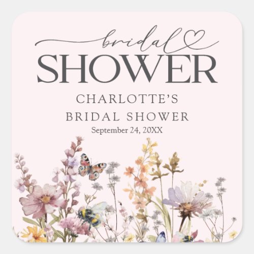 Blush Pink Wildflower Favor Bridal Shower Square Sticker