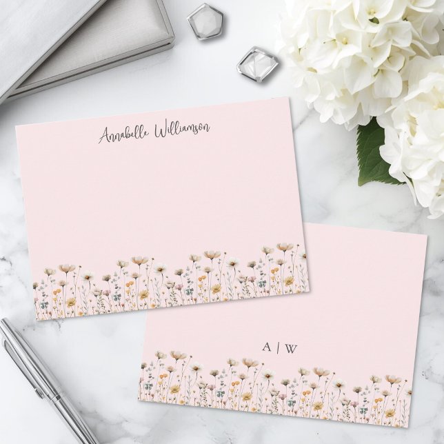 Blush Pink Wildflower Floral Monogram Note Card (Blush Pink Wildflower Floral Monogram Note Card )