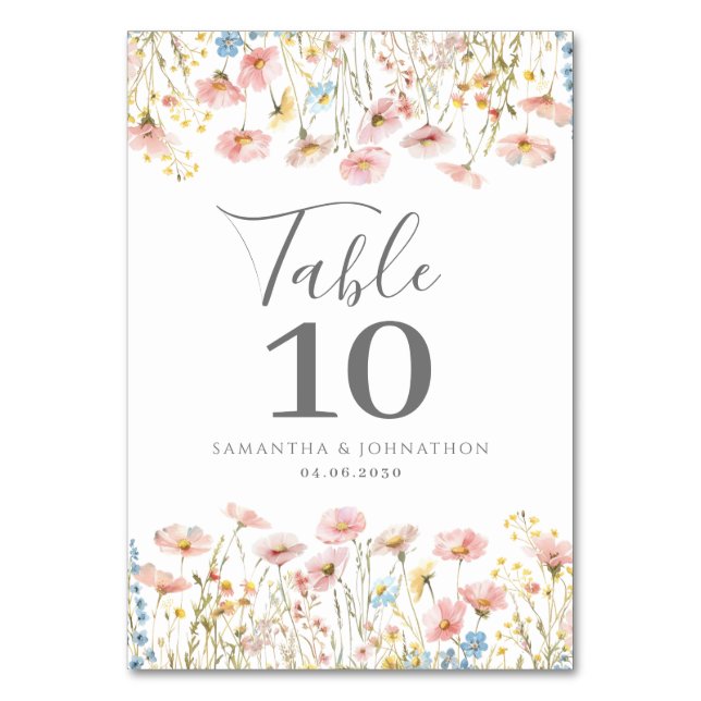 Blush Pink Wildflower Floral Watercolor Wedding  Table Number (Front)