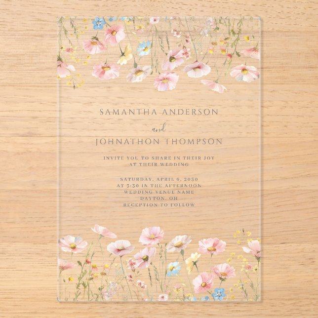 Blush Pink Wildflower Floral Wedding Acrylic Invitations (Front)