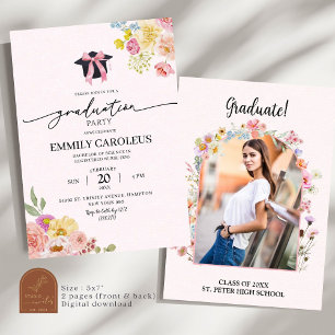 Blush Pink Wildflower Graduation With Photo Invitation