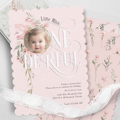 Blush Pink Wildflower Little Miss Onederful photo Invitation
