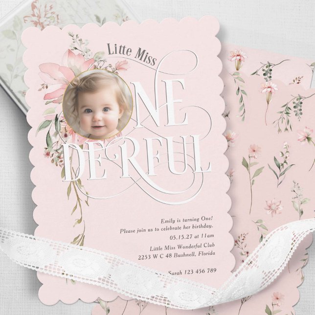 Blush Pink Wildflower Little Miss Onederful photo Invitation (Pink, Little Miss Onederland, Watercolor Wildflower, Girl 1st birthday photo invitation.)