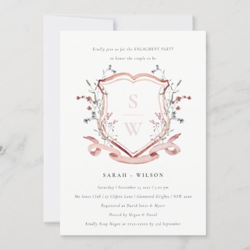 Blush Pink Wildflower Monogram Crest Engagement Invitation