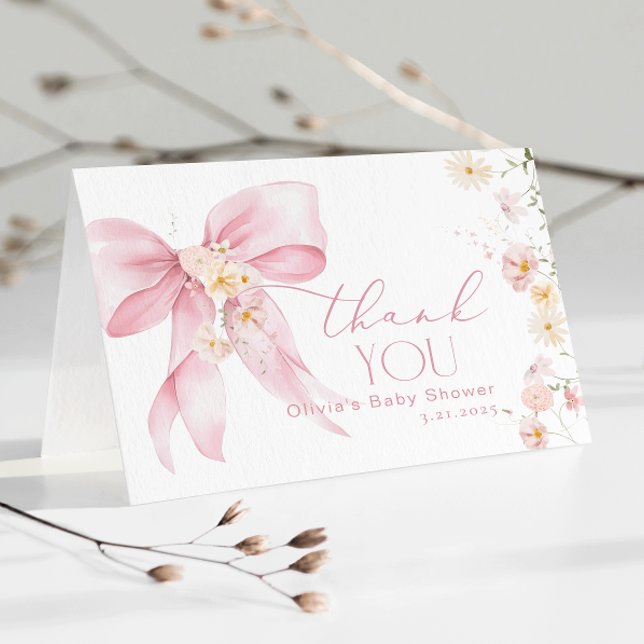 Blush Pink Wildflower Pink Bow Thank you card (Creator Uploaded)
