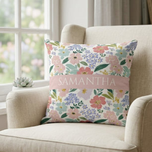 Blush Pink Wildflower Watercolor Name Throw Pillow