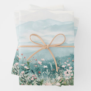 Blush Pink Wildflowers and Mountains Decoupage Wrapping Paper Sheets