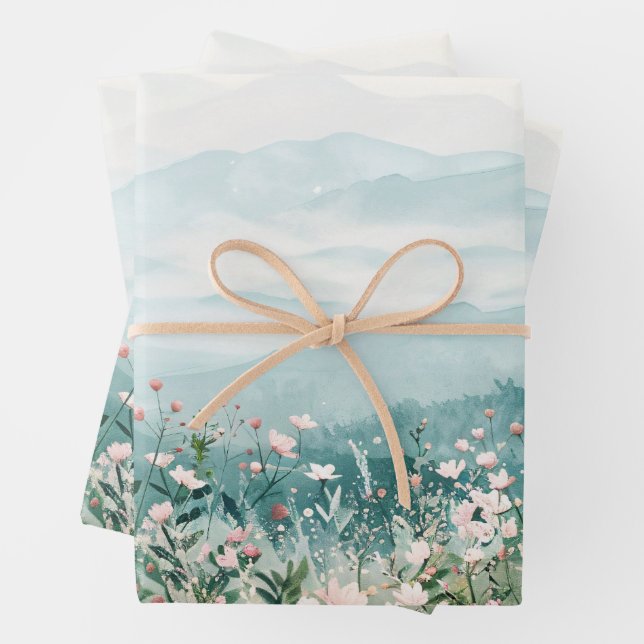 Blush Pink Wildflowers and Mountains Decoupage Wrapping Paper Sheets (In situ)