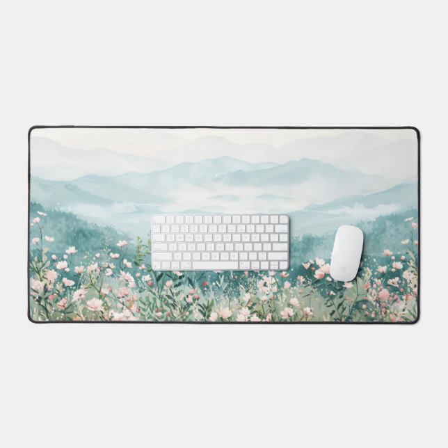 Blush Pink Wildflowers and Mountains Desk Mat (Keyboard & Mouse)