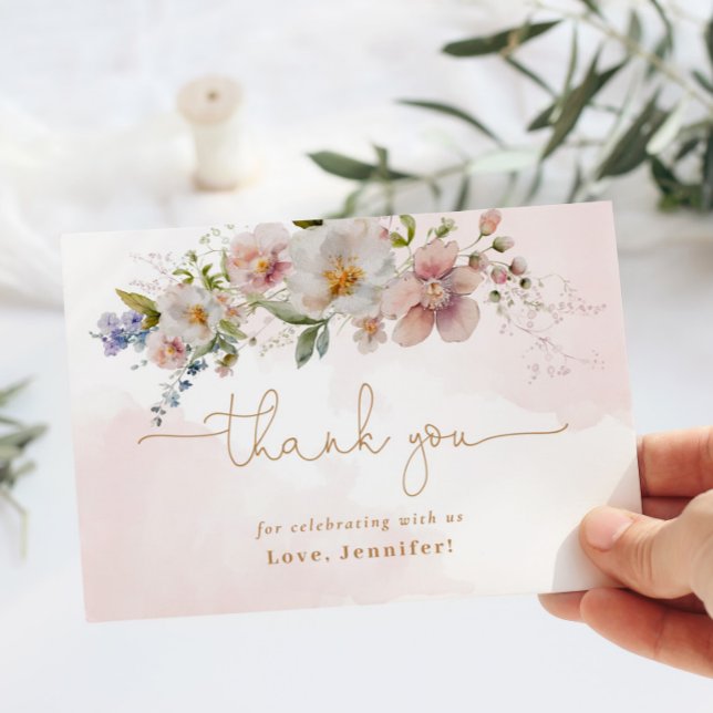 Blush pink wildflowers birthday thank you card (Creator Uploaded)