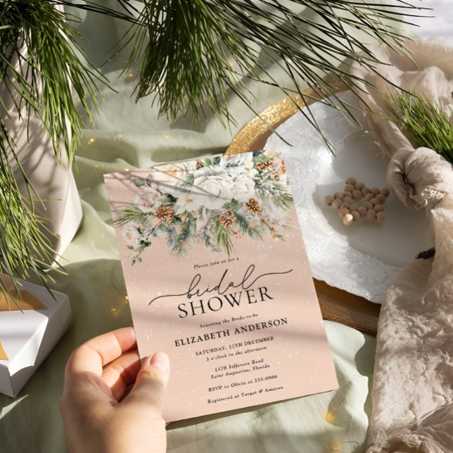 Blush Pink Winter Floral Evergreen Bridal Shower Invitation (Creator Uploaded)