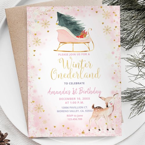 Blush Pink Winter Onederland Birthday Invitation