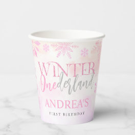 Blush Pink Winter Onederland First Birthday Paper Cups