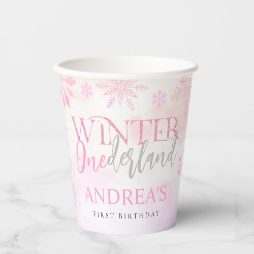 Blush Pink Winter Onederland First Birthday Paper Cups