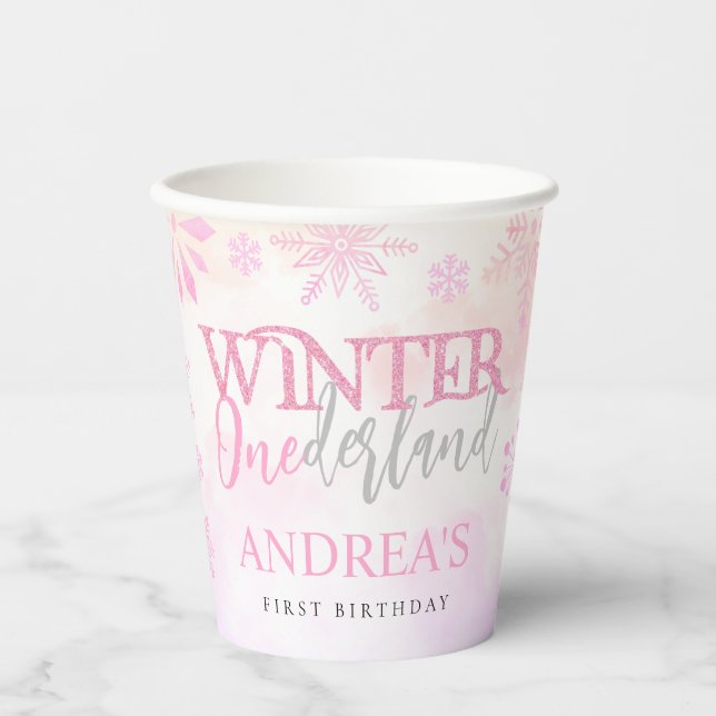 Blush Pink Winter Onederland First Birthday Paper Cups (Front)
