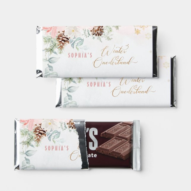 Blush pink winter onederland girl birthday hershey bar favors (Front)