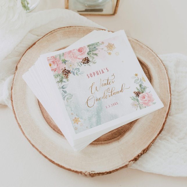 Blush pink winter onederland girl birthday napkins (Creator Uploaded)