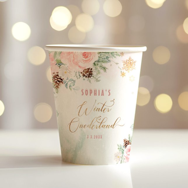 Blush pink winter onederland girl birthday paper cups (Creator Uploaded)