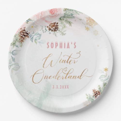 Blush pink winter onederland girl birthday paper plates