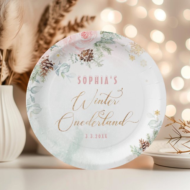 Blush pink winter onederland girl birthday paper plates (Creator Uploaded)