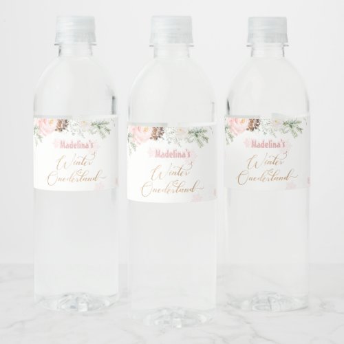 Blush pink winter onederland girl birthday water bottle label