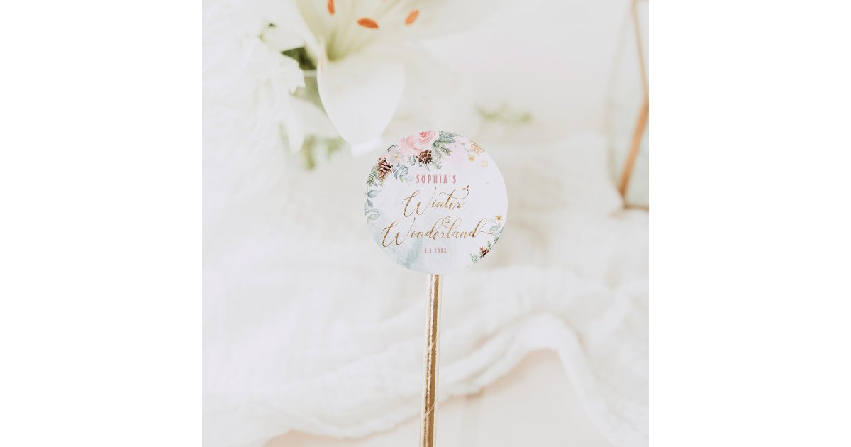 Blush pink winter wonderland girl birthday classic round sticker | Zazzle