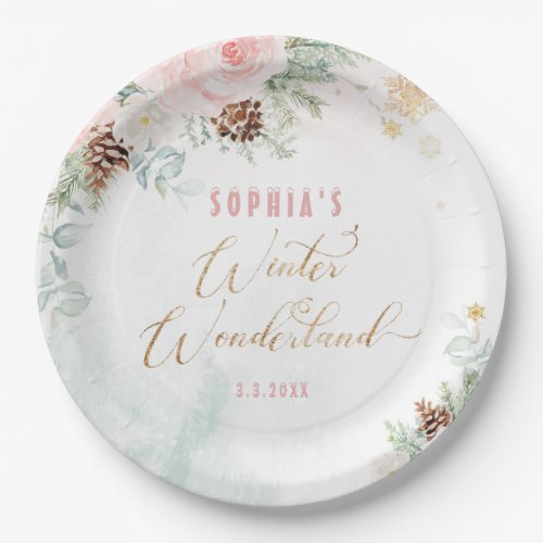 Blush pink winter wonderland girl birthday paper plates