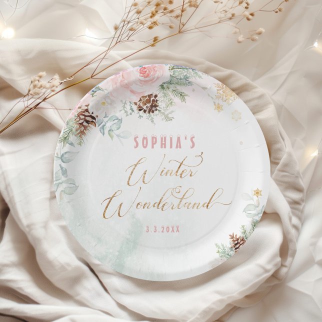 Blush pink winter wonderland girl birthday paper plates (Creator Uploaded)