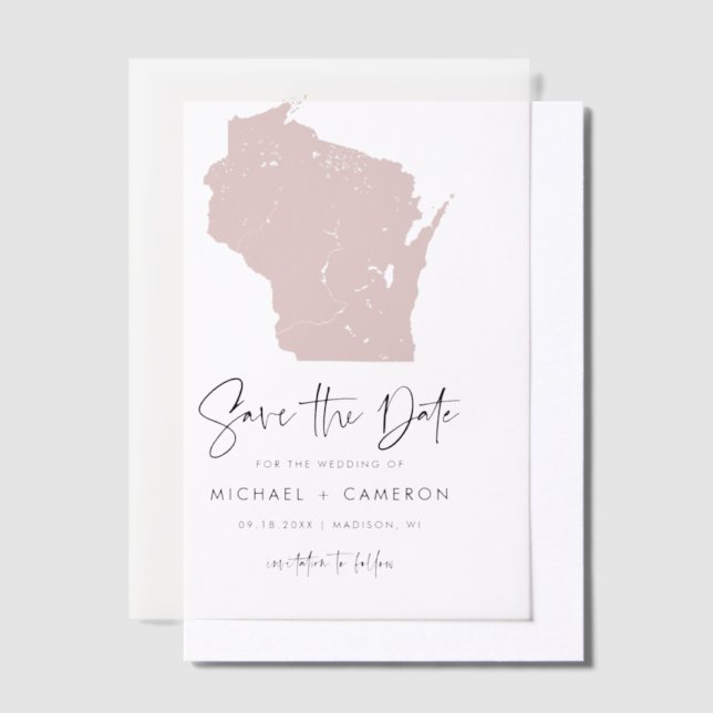 Blush Pink Wisconsin Map Minimalist Save the Date Vellum Invitations (Offset)