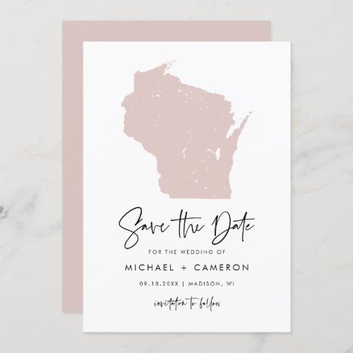Blush Pink Wisconsin Map Minimalist Script Wedding Save The Date