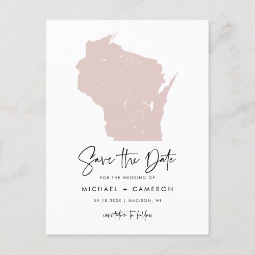 Blush Pink Wisconsin Map Modern Save the Date Announcement Postcard