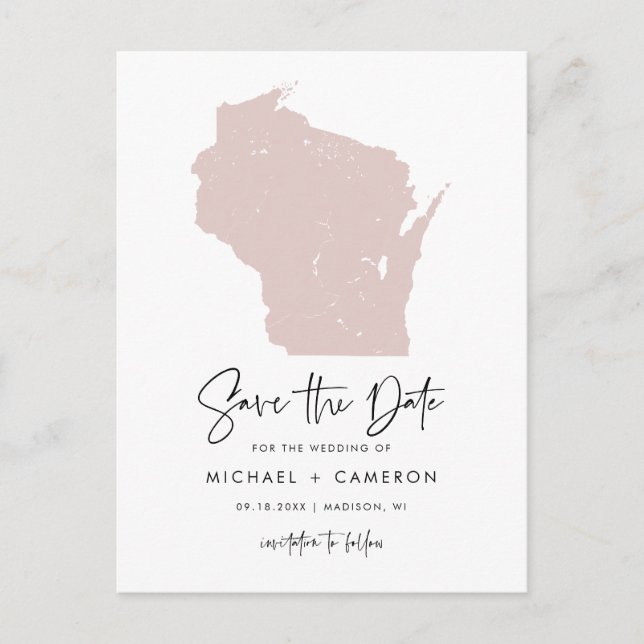 Blush Pink Wisconsin Map Modern Save the Date Announcement Postcard (Front)