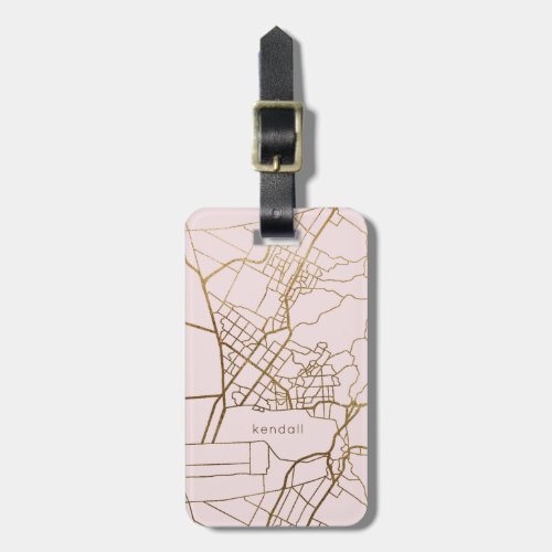 Blush Pink with Gold Look Map Add Name Luggage Tag